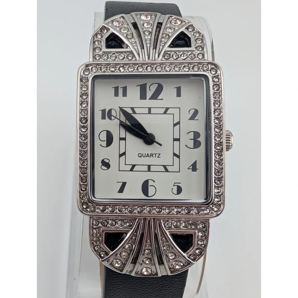 Avon Watch Women 26mm Silver Case Crystals‎ Black Band- New Battery
